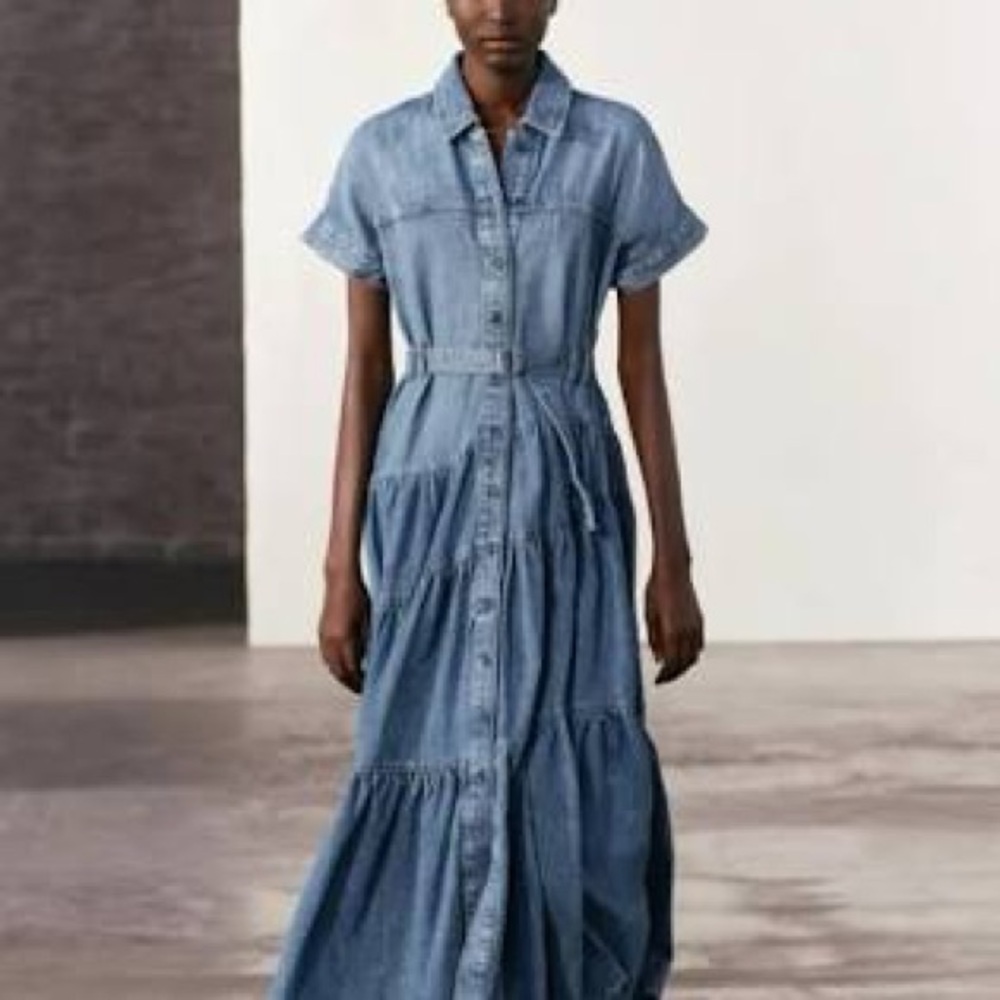 Zara Blue Tiered Maxi Dress with Dress Shirt Collar